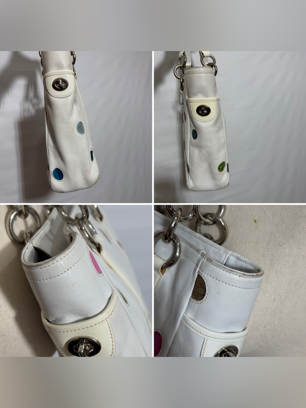Coach β’ 9763 White Leather Multicolor Polka Dot Gallery Tote Shoulder Bag Y2K - Picture 13 of 16